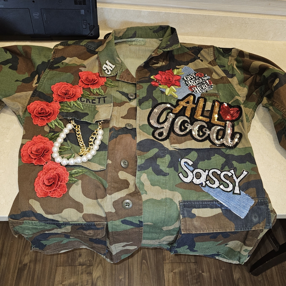 Camouflage Patchwork Jean Jacket with Red Rose Embellishments